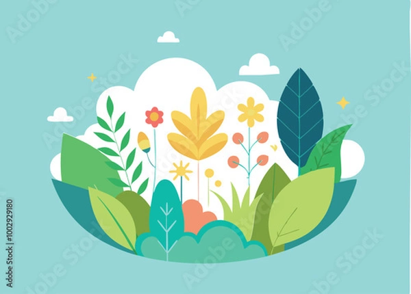 Fototapeta Vector illustration in trendy flat simple style - spring and summer background with copy space for text - landscape with plants, leaves, flowers  