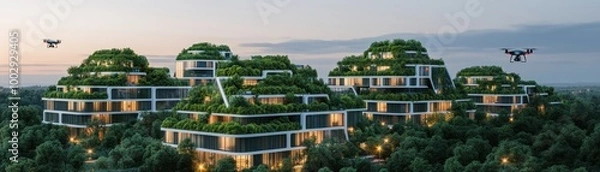 Fototapeta Stunning modern architecture with green rooftops nestled in nature, showcasing eco-friendly design and futuristic living.