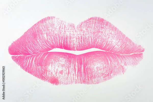 Obraz Pink kiss lips imprint on white background stylization. Print or custom design cosmetic or makeup products on mockup.