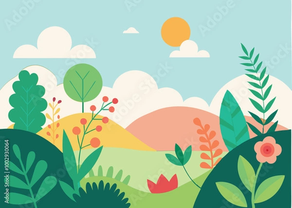 Fototapeta Vector illustration in trendy flat simple style - spring and summer background with copy space for text - landscape with plants, leaves, flowers  
