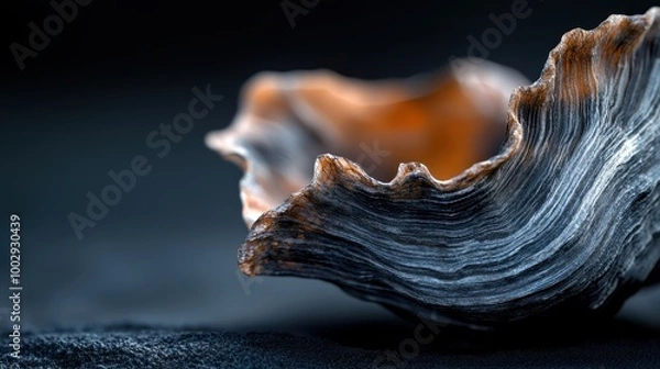 Fototapeta An up-close, detailed view of a beautifully textured seashell highlighting its intricate patterns and natural colors against a soft-focus background.