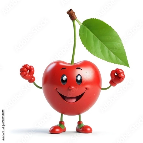 Fototapeta A smiling red cherry with a green leaf , cartoon character with arms and legs