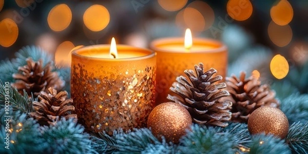 Fototapeta Warm, glowing candles with pine cones and festive ornaments create a cozy and festive holiday ambiance.