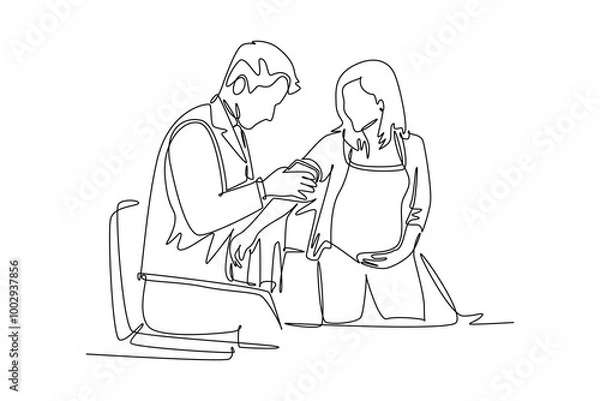 Fototapeta Single continuous line drawing male obstetrics and gynecology doctor checking the patient's blood pressure and fetal condition. Pregnancy health care. One line draw graphic design vector illustration