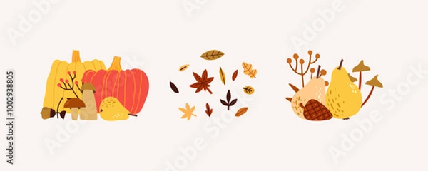Fototapeta Composition with pumpkin, mushrooms and acorns. Autumn, the inscription hello autumn. Hand drawn vector illustration in flat style.