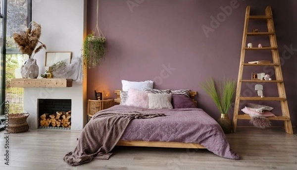 Fototapeta  A stylish Scandinavian bedroom featuring a wooden bed with rich purple bedding, a rustic lad 