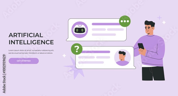 Fototapeta Artificial Intelligent chatbot concept, man and AI robot assistant chatting via phone, virtual dialog between android and human, asking business questions. Flat vector illustration for website, banner
