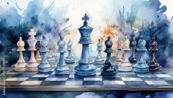 Fototapeta  Watercolor chessboard with a mix of pawns and knights, arranged in dynamic positions, surrou 