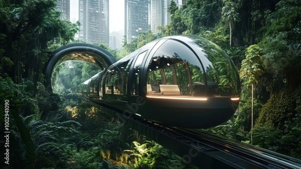 Fototapeta A sleek, futuristic train travels through a dense tropical forest, blending advanced transportation with natural surroundings and urban structures in the distance.