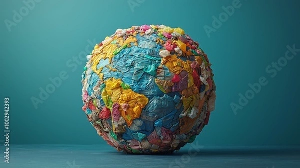 Fototapeta Globe Made of Garbage and Plastic Waste on blue background