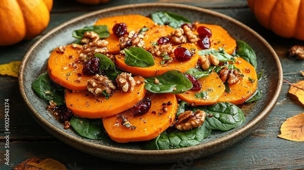 Fototapeta Roasted pumpkin salad with spinach and walnut on a black plate on a old wooden background. Top view