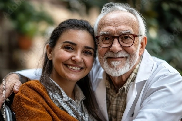 Obraz Portrait of nurse and her senior client on wheelchair, Generative AI
