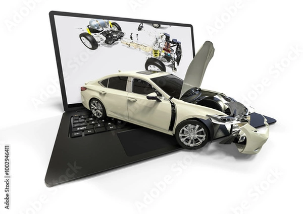 Fototapeta 3D render image representing computer aided design of a car. In the image you can find a car with car parts on a laptop