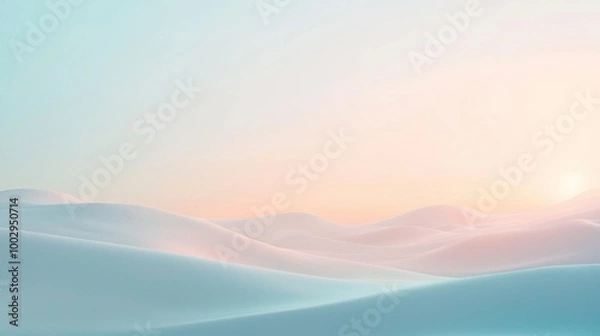 Fototapeta Serene and minimalist landscape featuring rolling hills bathed in soft pastel colors of pink, blue, and yellow, creating a dreamlike and tranquil atmosphere