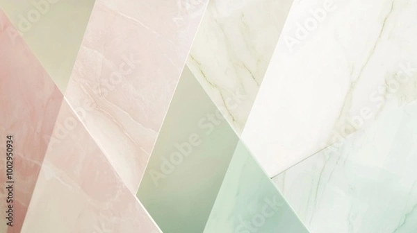 Fototapeta Variety of marble and stone tiles in pink, white, and green arranged in a geometric pattern, creating a luxurious and modern background