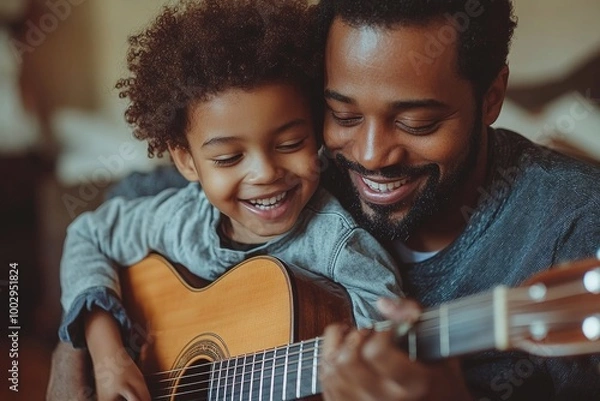 Obraz Father and son playing guitar together. Children learning play on musical instrument from parent, Generative AI