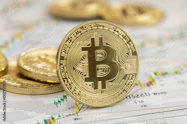 Fototapeta A coin bitcoin on it is on top of a pile of other coins