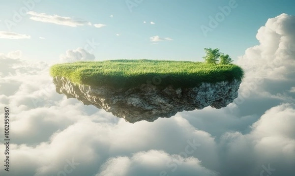 Fototapeta A 3D rendered image of a floating slice of land with a green grass surface, creating a surreal and isolated grass field floating in the air with, Generative AI
