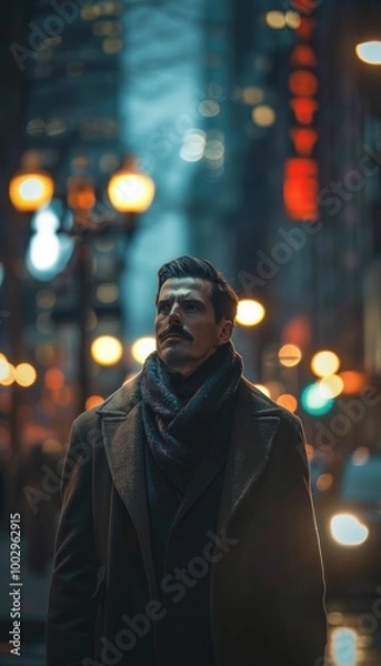 Fototapeta Editorial Fashion Shot of a Man with Pencil Mustache in a Tailored Coat on a Busy Night Street
