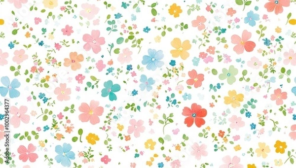 Fototapeta A pattern of small, colorful flowers in pastel colors on a white background,...