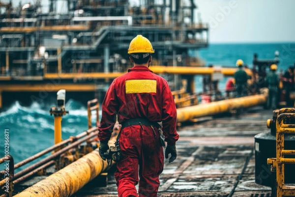 Obraz Oil and gas worker in red overalls on offshore platform near yellow pipes and sea water