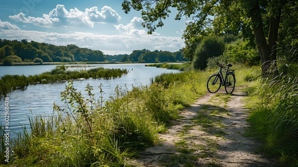 Fototapeta Cycles positioned next to a meandering river path