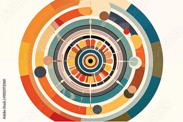 Fototapeta Abstract Vintage engraved image with colorful target and geometric shapes symbolizing market segmentation and diverse consumer groups 