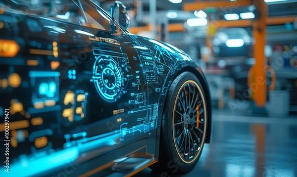 Fototapeta EV electric vehicle technology industry concept, futuristic virtual graphic touch user interface on screen with auto repair garage blurred on, Generative AI