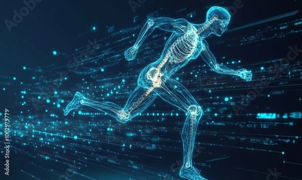 Fototapeta Illustration of a runner with an orthopedic x-ray interface, representing bone and joint medical treatments, Generative AI