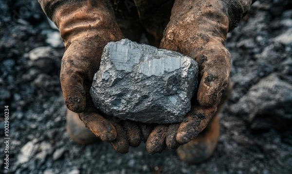 Fototapeta Miners are depicted holding platinum or silver or rare earth minerals found in a mine for inspection, emphasizing the discovery and evaluation process, Generative AI