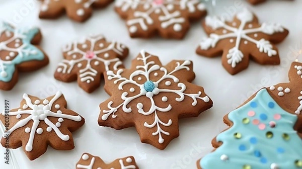 Fototapeta Festive gingerbread cookies made in an effortless lay style with royal fondant and sequins
