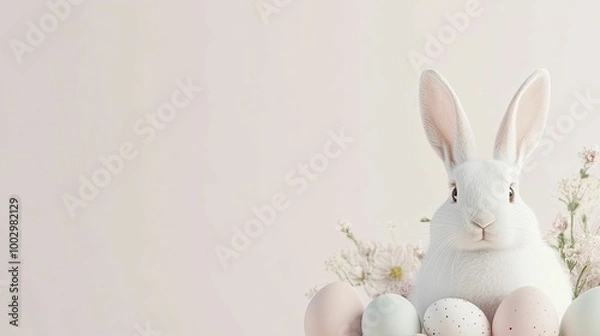 Fototapeta Charming White Bunny Nestled Among Colorful Easter Eggs in a Woven Basket, Capturing the Essence of Springtime Joy and Festivity