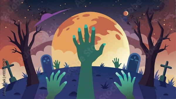 Fototapeta Print Zombie Hands Emerging from the Ground Halloween Background Vector Illustration of Spooky Night Scene