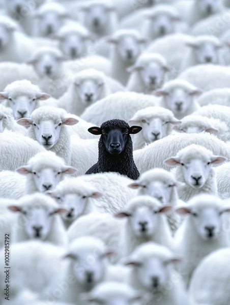 Fototapeta A black sheep stands in a sea of white sheep, symbolizing being different in a crowd of uniformity