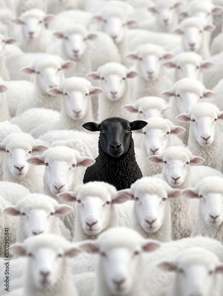 Fototapeta A lone black sheep stands surrounded by white sheep, highlighting the theme of individuality amidst uniformity