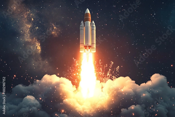 Fototapeta A rocket launching into space, surrounded by clouds and a starry backdrop.