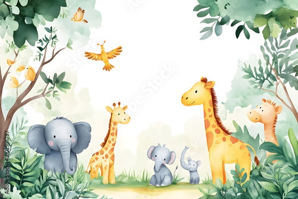 Obraz Kreskówka zoo safari z obramowaniem ramki zwierząt na tle w stylu przypominającym akwarele.