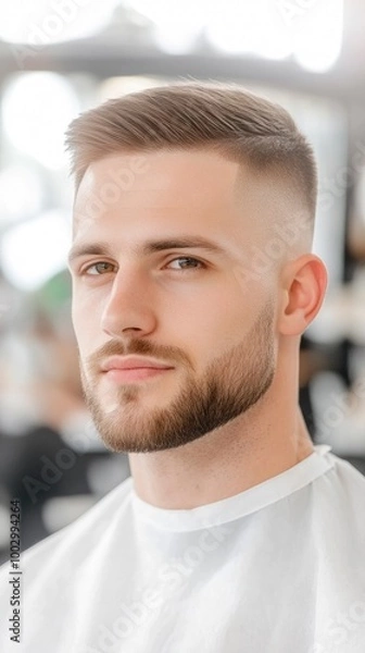 Fototapeta Photo of an attractive man with beard, and a side-part fade haircut in a barbershop