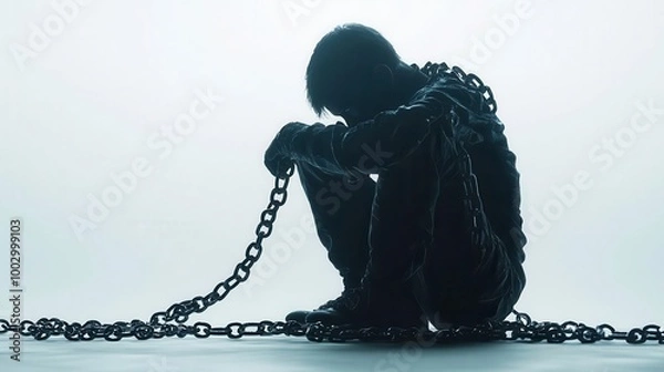 Fototapeta A silhouette of a person bound by chains slumped in despair