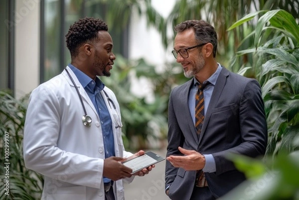 Fototapeta Pharmaceutical sales representative talking with doctors in medical building, presenting new product on tablet, Generative AI