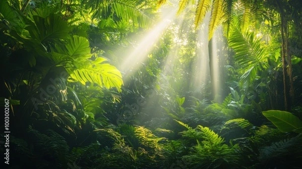 Fototapeta Vibrant Tropical Rainforest with Lush Greenery, Exotic Plants, and Sunlight Filtering Through the Canopy