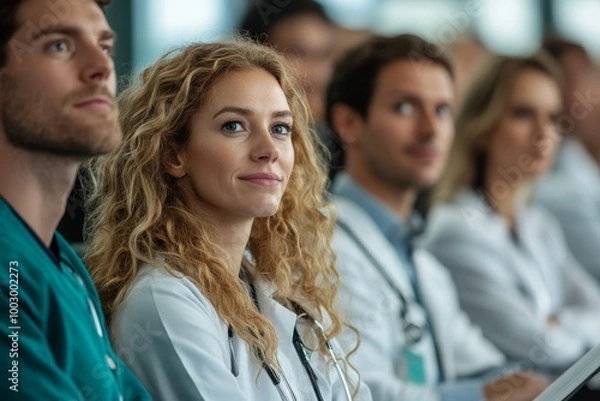 Obraz Group of doctors on conference, medical team sitting and listening speaker. Medical experts attending an education event, seminar in board room, Generative AI