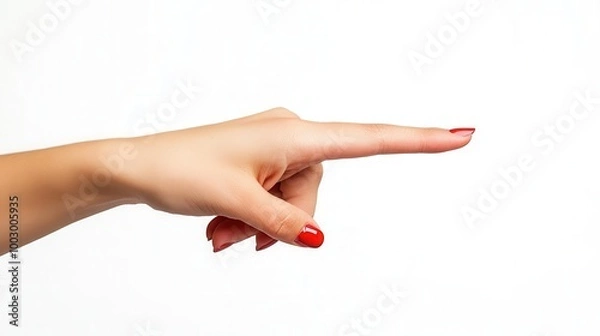 Fototapeta A womans hand with red nail polish pointing to the right