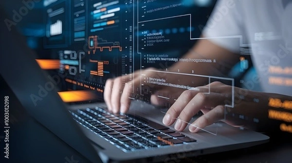 Fototapeta Programmer Working on Laptop with Code and Data Visualization