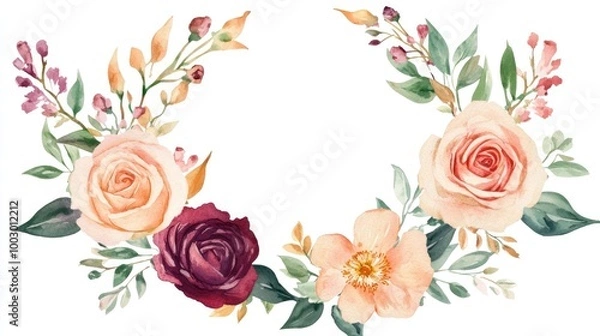 Fototapeta Elegant watercolor wreath featuring roses, peonies, and green leaves on a blank white background, sophisticated and detailed