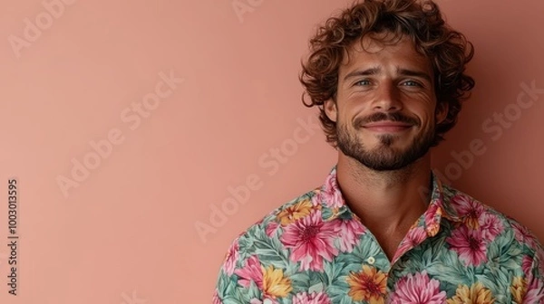 Obraz A young man with curly hair and a floral shirt smiles against a soft peach backdrop, creating a warm and welcoming visual aesthetic that inspires joy.
