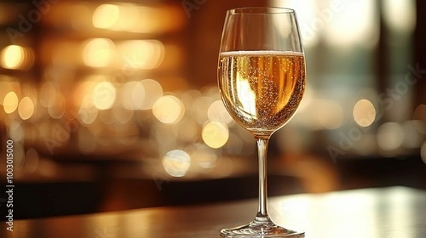 Fototapeta A sparkling glass of champagne against a softly lit restaurant backdrop during early evening