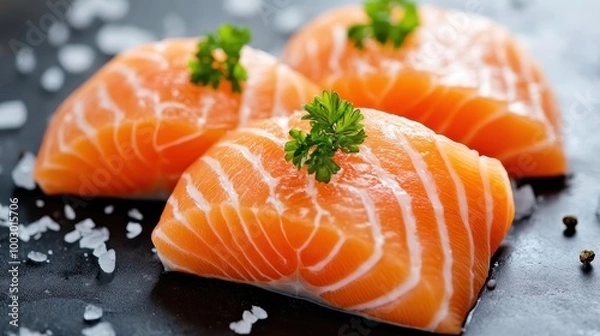 Fototapeta Vivid salmon fillets presented on a rustic slate surface, sprinkled with herbs and spices, demonstrating their vibrant freshness and prepping for exquisite dishes.