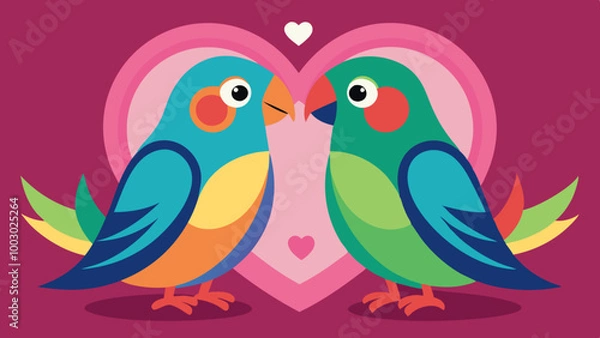 Fototapeta A bright and playful illustration of two colorful love birds with heart symbols above them, representing love and companionship.