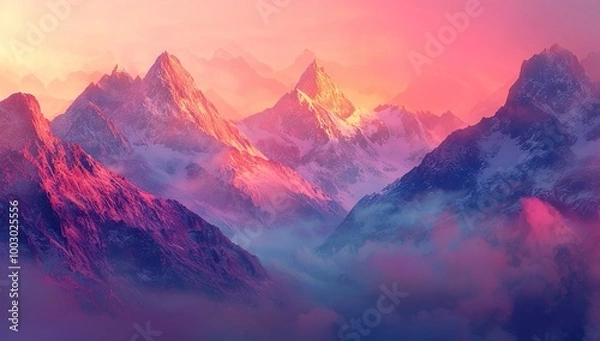 Fototapeta A stunning digital art piece depicting an ethereal mountain range under the...